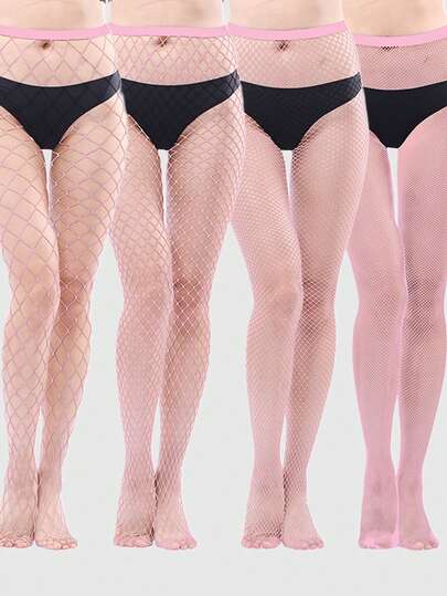 Kawaii 4 Pairs Random Pink Fishnet Socks, Sexy & Cute Elastic Mesh Stockings Suitable For Daily Wear, Dance, Party