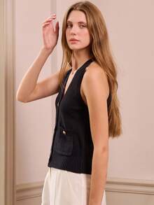 lacRébo 针织背心配金色纽扣秋季女装秋季服装秋季女装秋冬 - 黑色 - 查看 5