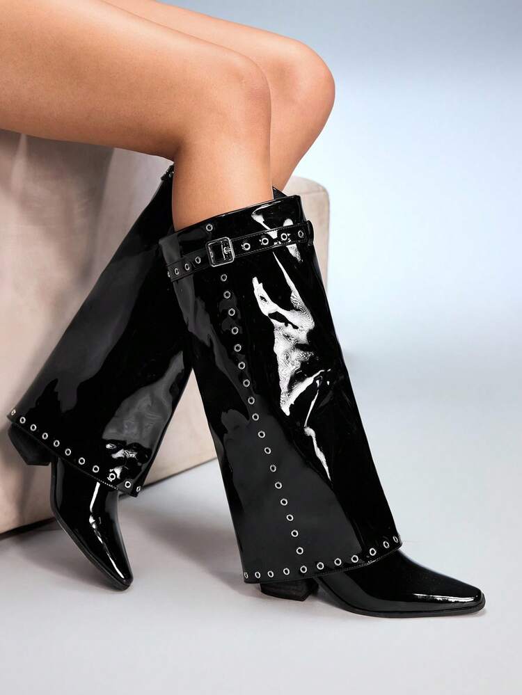 CUCCOO GRLICON Women's Simple Slip-On Comfortable Wooden Heel Warm Boots, Suitable For Halloween, Christmas, Party, Music Festival, Autumn Black Boots