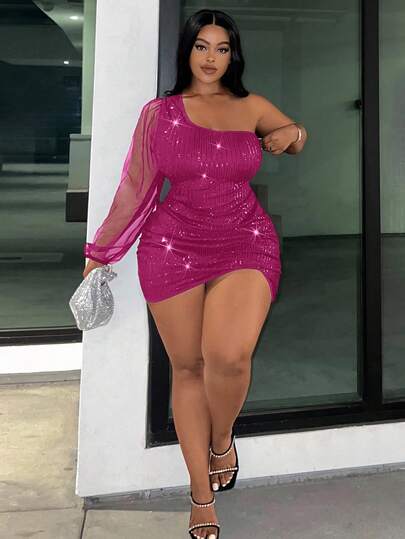 Slaydiva Slayr Plus Elegant Party Sequin & Mesh Splice Bodycon One-Shoulder Plus Size Mini Dress/Fall/Winter