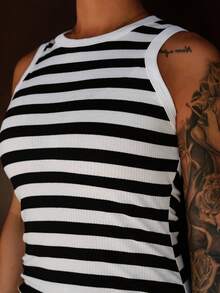 SAYEHFBABY Vestido ajustado a rayas sin mangas y mini - Blanco y Negro - Ver 5