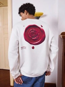 SWAVVY Wax Seal Round Seal Pattern Print Men's Round Neck Ribbed Design Loose Long Sleeve Sweatshirt, Fall, Winter - White - View 1