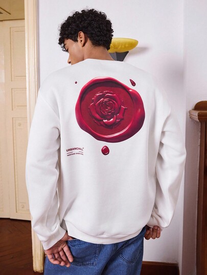 SWAVVY Wax Seal Round Seal Pattern Print Men's Round Neck Ribbed Design Loose Long Sleeve Sweatshirt, Fall, Winter