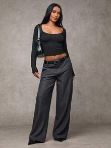 SHEIN BAE 女式纯色休闲宽松长裤（配腰带环） - 灰色 - 查看 3