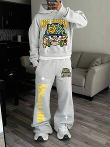 Manfinity EMRG 2pcs Men Portrait & Letter Graphic Print Casual American Style Grey Sweatpants & Hoodie Set, Fall Clothes