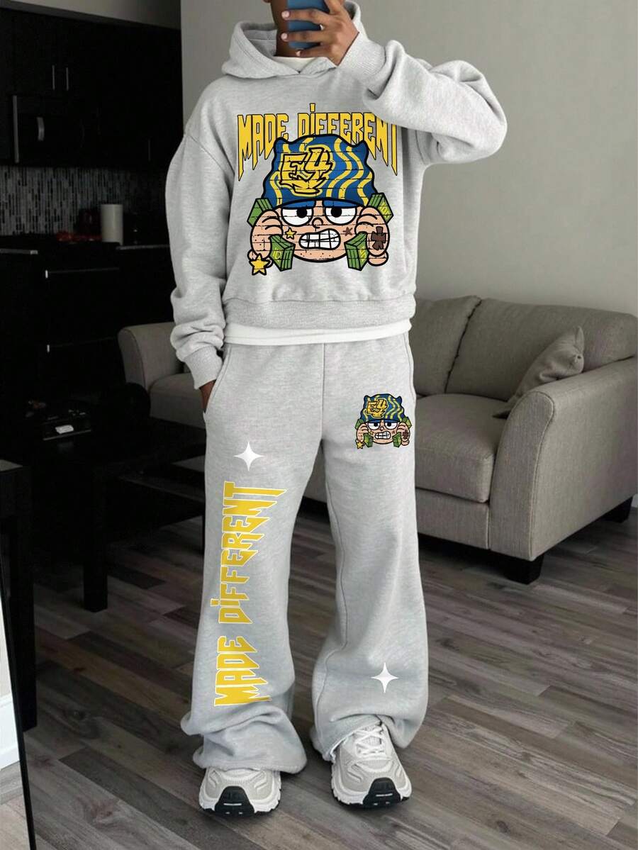 Manfinity EMRG 2pcs Men Portrait & Letter Graphic Print Casual American Style Grey Sweatpants & Hoodie Set, Fall Clothes