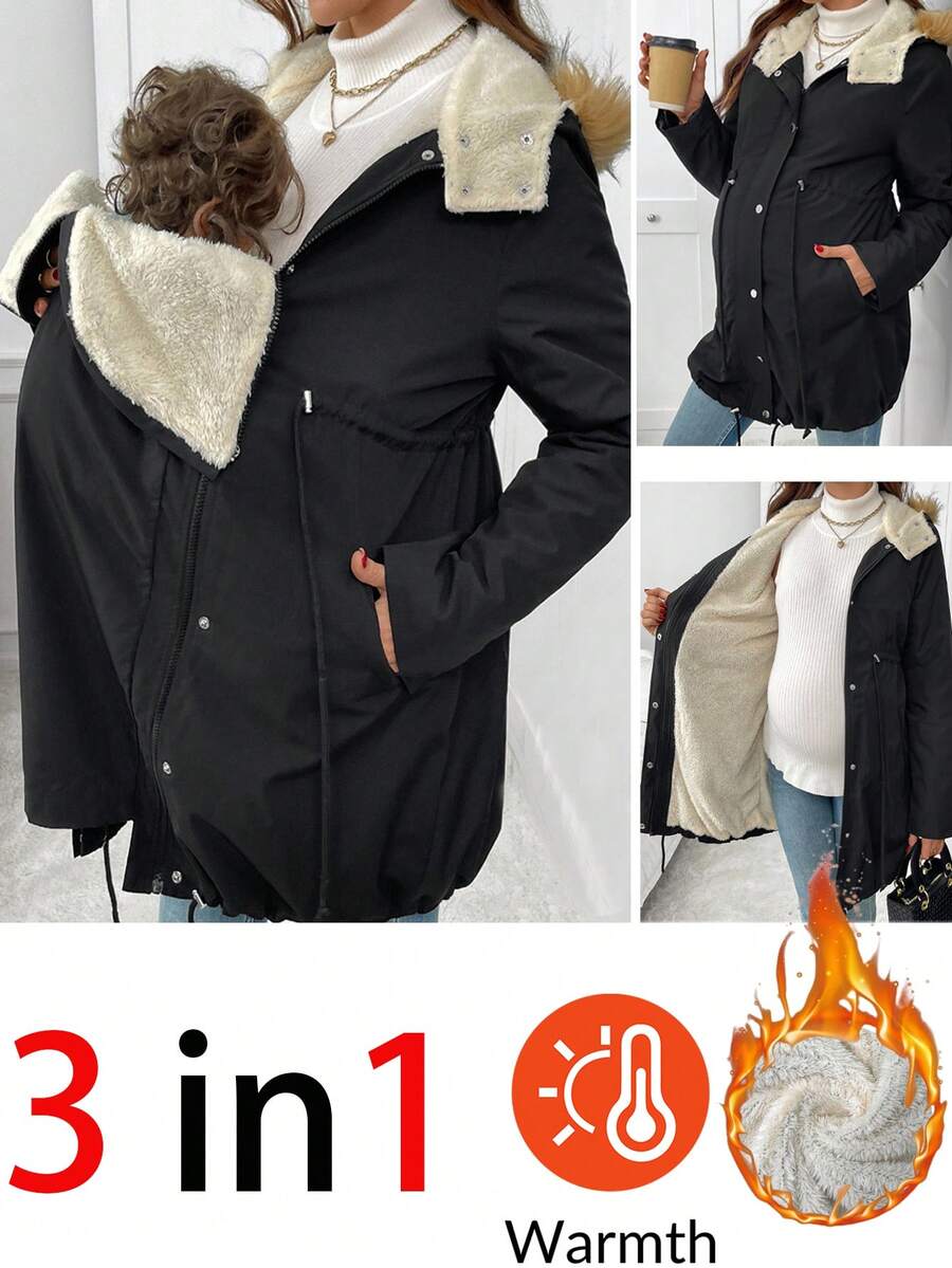 SHEIN 秋装,秋季服装,孕妇冬装孕妇休闲加厚连帽三合一夹克孕妇冬季外套冬季夹克加大码夹克女士外套 - 黑色 - 查看 1