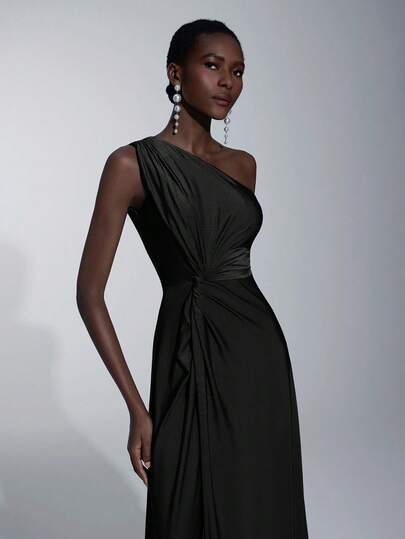 SHEIN Belle Women's Romantic Elegant Green Elastic Knit Fabric One-Shoulder Twist Loose A-Line Bridesmaid Dress