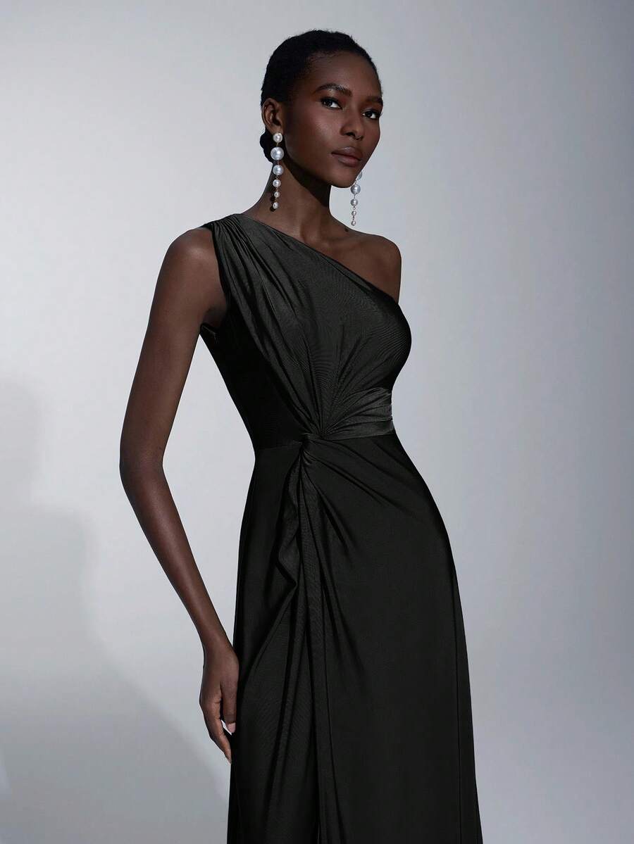 SHEIN Belle Women's Romantic Elegant Green Elastic Knit Fabric One-Shoulder Twist Loose A-Line Bridesmaid Dress