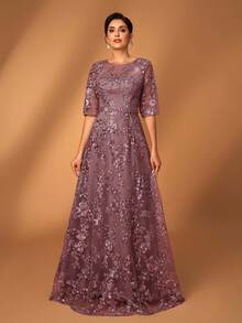 Serin Elegant Luxurious Gray Lace V-Neck Sheer Short Sleeve A-Line Dress With Embroidered Rhinestone Beads, Suitable For Weddings, Parties, Vacations, Galas, Evening Events, Mother Of The Bride Dress, Valentine's Day - Dusty Pink - View 6