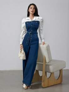 Heiryn 女士蓝色连体裤二合一套装 配有腰带 阔腿裤 春夏连体裤