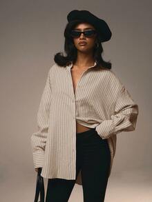 Athîral 女士前扣领长袖粉色条纹简约衬衫情人节款 - 藕粉色 - 查看 2