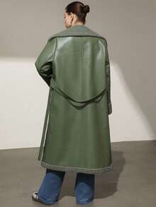 Aveloria Modichic Green Faux Shearling Plus Size Collar Cinched Waist Casual Jacket For Plus Size Women - Green - View 2