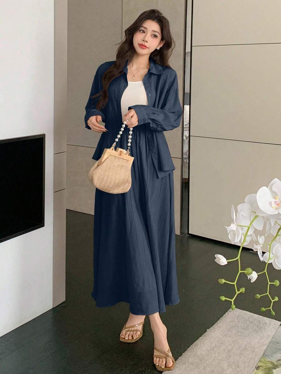DAZY Bộ 2 món áo sơ mi tay dài cài khuy đơn màu trơn và chân váy midi thường ngày cho nữ, mùa thu - Màu xanh hải quân - Xem 1