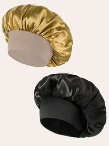 SHEIN 1/2pcs Silk Bonnet For Sleeping, Satin Hair Bonnets, Soft Elastic Band Silk Sleep Cap, Silk Hair Wrap For Curly Hair, Hair Bonnets For Women Sleeping,Silk Hair Wrap,Elastic Wide Band Silk Sleep Cap,Soft And Breathable, Ideal For Overnight Curls Preservation, All-Season Shower Caps, Comfortable For Chemotherapy Patients (Black/Powder)