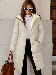 SHEIN Clasi Áo khoác có mũ trùm đầu có khóa kéo dành cho nữ, trang phục thu đông dành cho nữ - Màu be - Xem 6