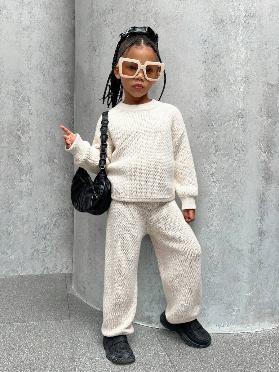 SHEIN 2pcs/Set Girls Casual Versatile Ribbed Hem Sweater Set, Suitable For Home, Travel, And School Girls Knit Set Girls Ribbed Set Girl Knit Set Little Girl Winter Sets Girls Sweater Sets Toddler Girls Sweater Young Girls Fall Outfits Young Girls Winter Clothes Kids Fall Clothes