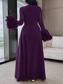 Modelyn Women's Solid Color Round Neck 3D Floral Cuff Elegant Arabic Dress