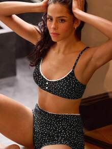 lacRébo 黑色波点蕾丝花边文胸和配套短裤内衣套装秋季女装秋冬 - 黑色 - 查看 5