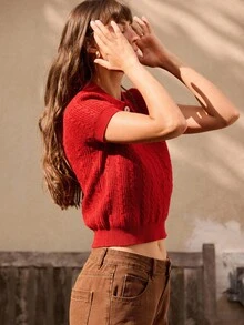 lacRébo 酒红色绞花针织Polo衫 女款 春夏新年针织衫 - 紅色 - 查看 5
