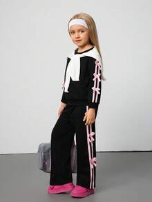 Hanevo 2pcs/Set Young Girl Spring & Summer Casual Ribbon Bow Sweatshirt Top & Bowknot Pants Set, Comfy Outfit - Black - View 7