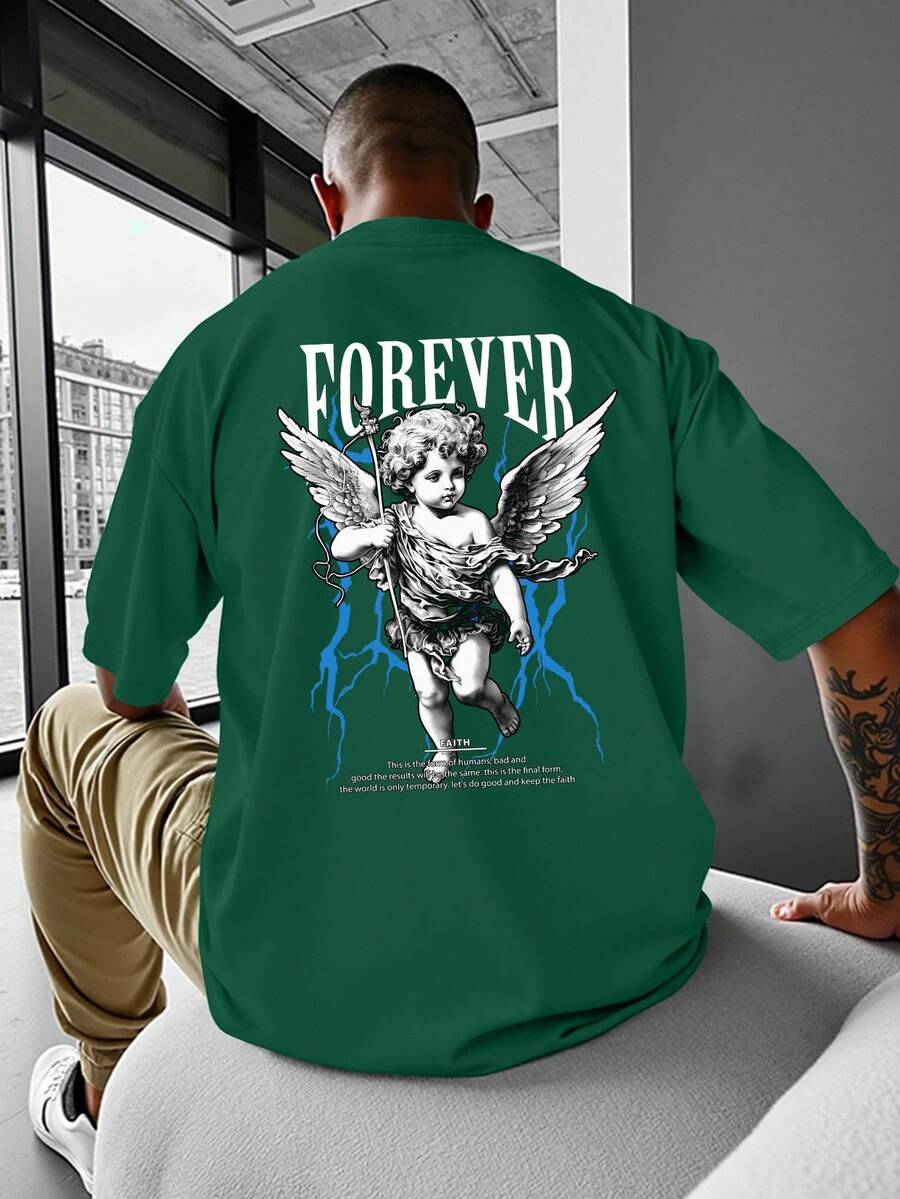 Manfinity LEGND 男士休闲天使标语印花T恤，夏季 - 墨綠色 - 查看 1