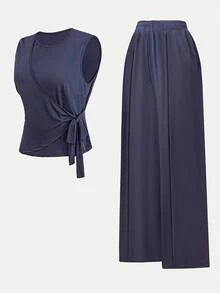 SHEIN CURVE+ 大码女式夏季休闲纯色裹身领带无袖背心和阔腿裤两件套 - 藏蓝色 - 查看 1