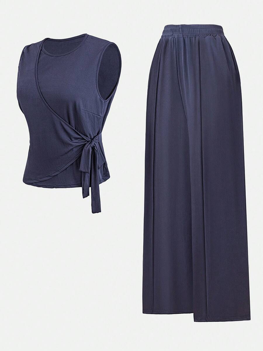 SHEIN CURVE+ 大码女式夏季休闲纯色裹身领带无袖背心和阔腿裤两件套 - 藏蓝色 - 查看 1