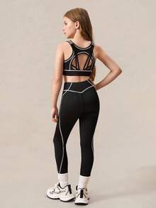 SHEIN Conjunto de ropa deportiva informal para niñas preadolescentes - Diseño de tirantes elásticos, chaleco deportivo negro cómodo y elástico, y pantalones de yoga, adecuado para correr, ciclismo, fitness, baloncesto, fútbol, tenis, bádminton - Negro - Ver 2