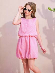 2pcs/Set Baju Anak Perempuan: Atasan Tank Tanpa Lengan Bergaris dan Rok Berumbai, Pakaian Kasual untuk Liburan Musim Panas - Berwarna merah muda - View 4