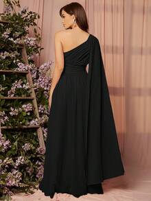 SHEIN Belle Women's Solid Color Oblique Shoulder Fashion Split Waist Dress - Black - View 2