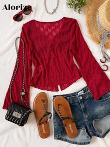 1 件女童休闲衬衫，圆领长袖喇叭袖口提花梭织上衣，秋季 - 酒紅色 - 查看 2