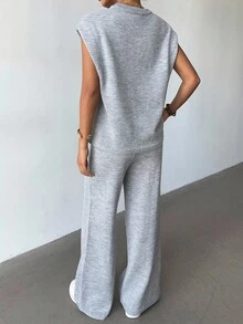 Elenzga Women's Elegant Embroidered Round Neck Loose Top And Wide Leg Pants Knit Two Pieces Set