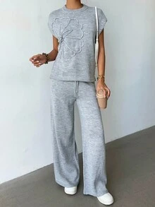 Elenzga Women's Elegant Embroidered Round Neck Loose Top And Wide Leg Pants Knit Two Pieces Set