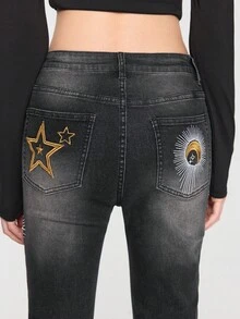 ROMWE EDITION Women's Halloween Moon & Star Embroidered Mysterious Denim Jeans - Black - View 8