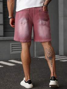 Manfinity Homme Plus Size Men's Drawstring Waist Pockets Loose Casual Denim Shorts Men Pink Shorts Boyfriend & Husband Vintage Washed For Straight Leg - Red - View 2