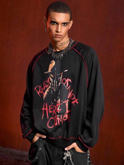 A Nightmare on Elm Street X ROMWE Sudadera casual diaria de cuello redondo con gráfico de letras y números para hombre, otoño