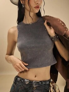 Easelle Washed Gray Collar Rivet Bohemian Style Western All-Match Casual Style Washed Distressed I-Type Top Hit Silver Detail Washing With - Grey - View 7