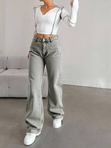 SHEIN Cottnline سراويل جينز بخصر عالٍ وساق مستقيمة 100% قطن للنساء - رمادي فاتح - مشاهدة 5