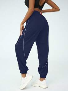 SHEIN Sports 2 件女式纯色松紧腰抽绳慢跑裤，休闲健身 - 彩色 - 查看 2