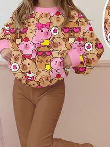 SHEIN Leap Crew Cute & Fun Capybara Cartoon Animal Print, Pink & Mauve Color Scheme, Tween Girls Casual Thick Soft Oversized Crew Neck Sweatshirt And Flare Leg Pants Set, Suitable For Autumn/Winter, Autumn Outfits For, Easy Comfort, Autumn Layers For Kids, Stylish Girls, Casual Wear, Kids Graphic Clothes, Back To School, Fall Clothes, Homecoming, Suitable For Outdoor Picnic, Street Style, Home, Campus - Multicolor - View 4