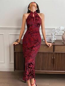 EastFlair Women's Elegant Jacquard Halter Midi Dress, Dress For Wedding Guest   , Wedding Guest Dress Elegant  Wedding Guest Dress Women   Fall Clothes For Women  Christmas Women's Clothing Halter Neck Dress Cheongsam Dress Chinese Style Dress Party Dress  Red Dress,B2