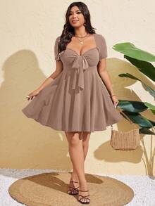 SHEIN MOOSTA Váy bó sát tay ngắn buộc dây phía trước gợi cảm cỡ lớn dành cho nữ, mùa hè - Màu Khaki - Xem 5
