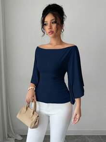 Elenzga Camiseta de mujer de unicolor con mangas acampanadas y hombros descubiertos