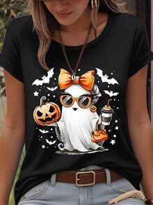 EMERY ROSE Halloween Cute Ghost & Pumpkin Graphic Round Neck Short Sleeve Fashion T-Shirt For Women - Black - View 3