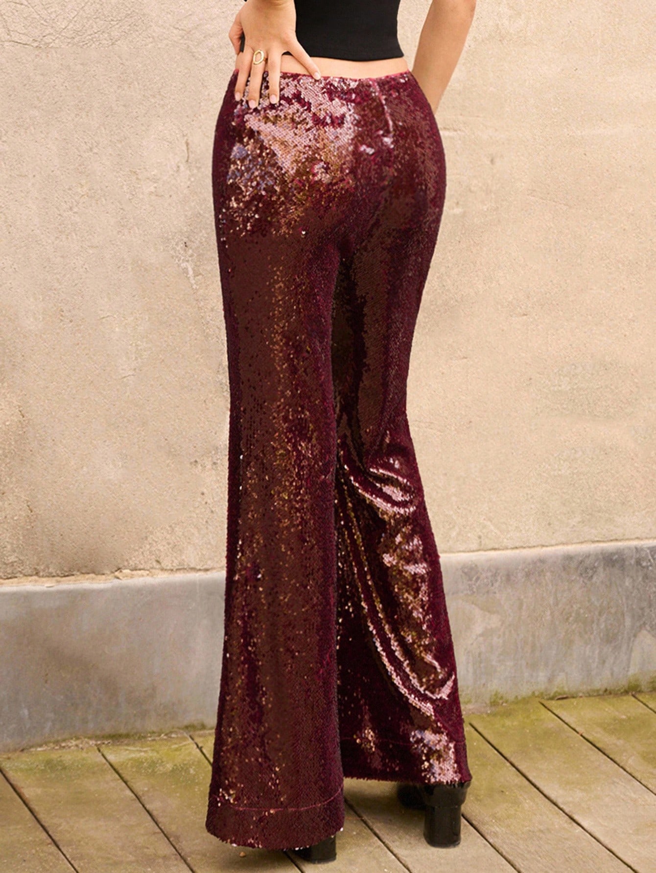 Burgundy Sequin Flare Pants Party Spring Women Clothes Autumns Spring Women Clothes Spring Summer Party Outfits