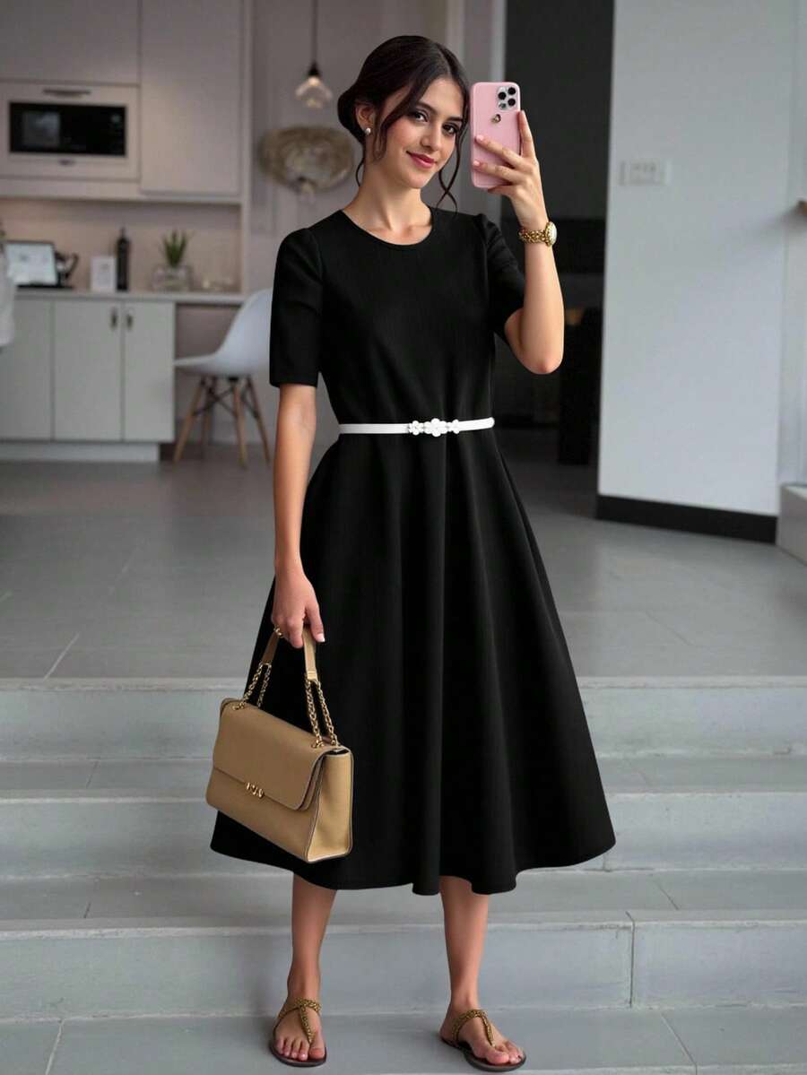 SHEIN Solid Color Bubble Sleeve Teen Girl Dress