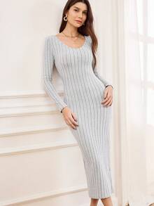 Miaspire Solid Ribbed Knit Bodycon Dress - Light Grey - View 1