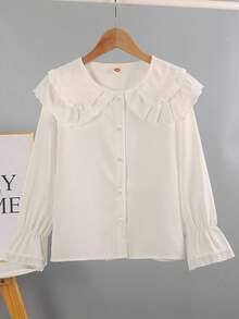 Tween Girl Eyelet Embroidered Trim Statement Collar Flounce Sleeve Blouse - White - View 4