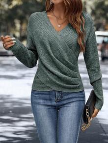 EMERY ROSE Suéter casual de mujer con cuello en V y cruce delantero, manga larga, otoño - Verde Oscuro - Ver 4